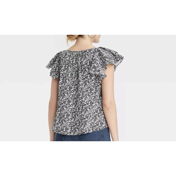 Womens Floral Ruffle Blouse XS Black White Smocked Peplum Top NWT- Universal Thr - Picture 2 of 12